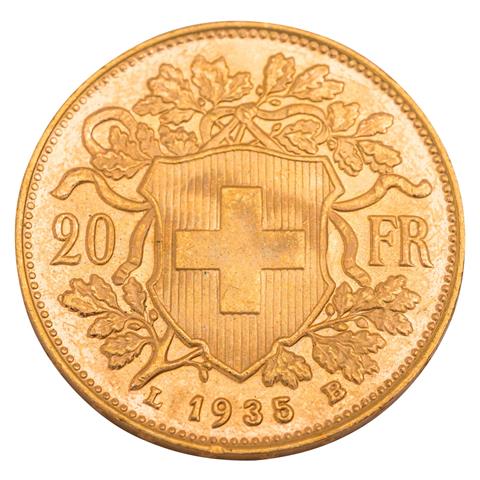 Schweiz/GOLD - 20 Franken 1935/LB, Vreneli,
