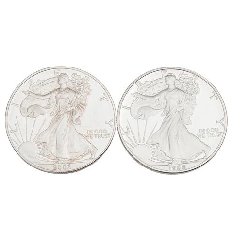 USA /SILBER - 2 x 1 oz American Silver Eagle zu je 1 Dollar 1988 / 2002 PP