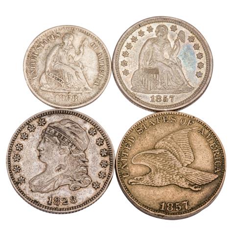 USA - 4 Münzen: Cent  1857, Half Dime 1868, 10 cent 1828, Dime 1847/O,