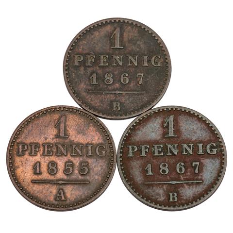 Waldeck Pyrmont - 3 x 1 Pfennig 1855/A, 1867/B (2),