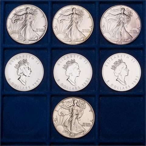 7 SILBERunzen - Kanada: 3 x 5 Dollars, 1991, 1992, 1993, USA: 4 x 1 Dollar,
