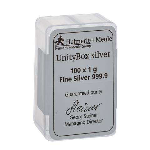 SILBERbarren - UnityBox Silber 100 x 1 g Silberbarren geprägt, Hersteller Heimerle + Meule.