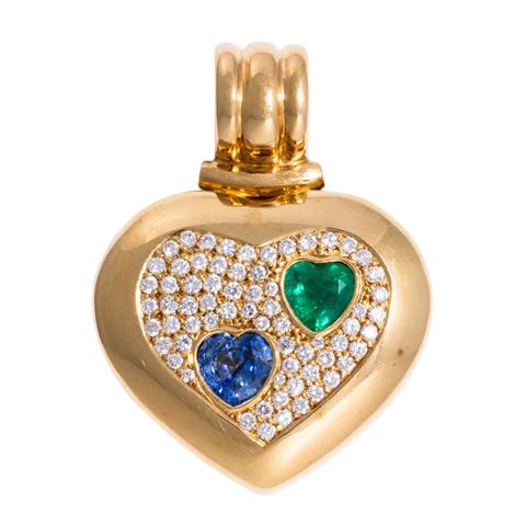 Clip-Anhänger "Herz" mit Saphir, Smaragd und Brillanten zus. ca. 0,82 ct,