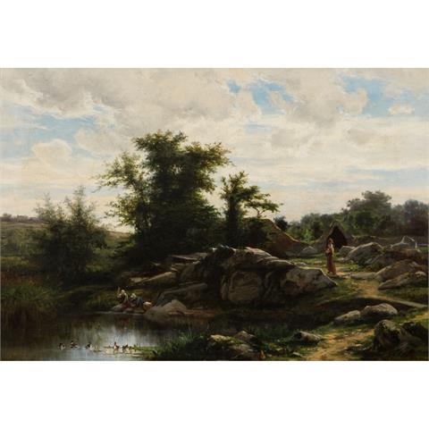 WEBER, THEODOR ALEXANDER (1838 - 1907), "Landschaft mit Wäscherinnen am Teich",