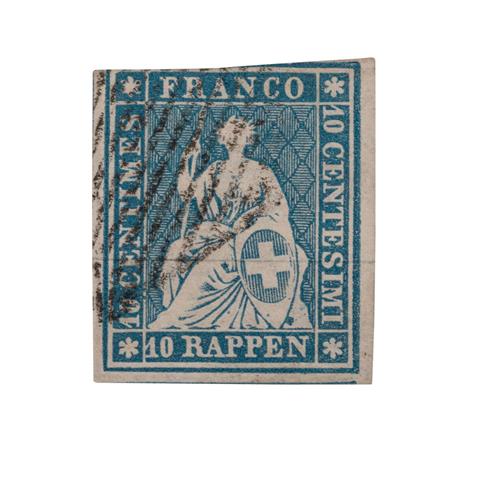 Schweiz - 1854: 10 Rappen preußischblau, Münchner Druck, Münchner Papier, Erstauflage,