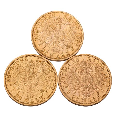 Deutsches Kaiserreich / Württemberg - 3 x 20 Mark, 1897, 1900, 1905, GOLD,
