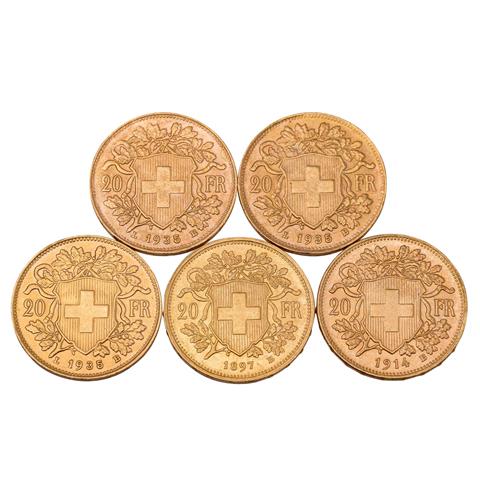 5 x Schweiz/Gold - 20 Franken 1897 B / 1935 LB (3x) / 1914 B,