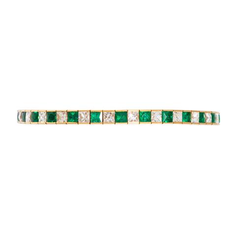 Rivière Armband mit feinen Smaragden und Diamanten im French-cut,