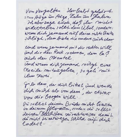 UECKER, GÜNTHER (geb. 1930), "Friedensgebote VII": "Vom Vergelten...", 2015,