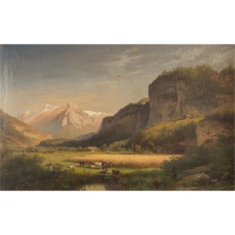 HERZOG, HERMANN OTTOMAR (1832 - 1932), "Alpenlandschaft mit Personenstaffage", 1871,