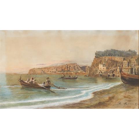 ROMAKO, ANTON (1832 – 1889), "Italienische Küstenlandschaft mit Fischerbooten", 2. Hälfte 19. Jh.,