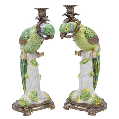 Paar grüne Papageien als Kerzenhalter, 20. Jh.,