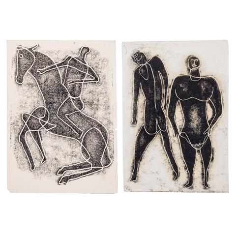NEUMANN, OTTO (1895-1975), 2 Neujahrskarten mit figürlichen Kompositionen "Paar" und "Reiter",