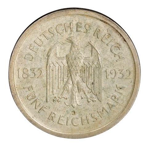 Weimarer Republik/Silber - 5 Reichsmark 1932/J, 100.Todestag Goethes,