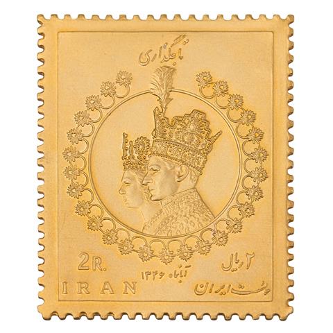 Iran - Briefmarke in Gold, 2 R. Reza Pahlewi mit seiner Frau,