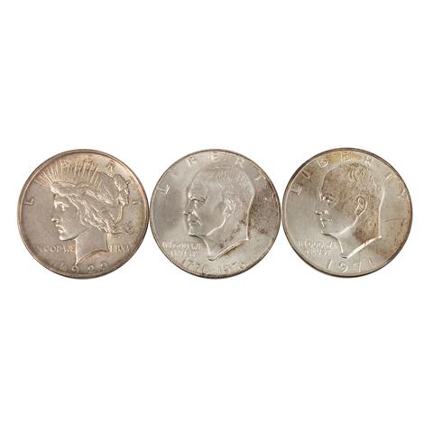 USA - 3 x 1 Dollar, Eisenhower 1971, 1976 (500/1000), Peace Dollar 1922 (900/1000),