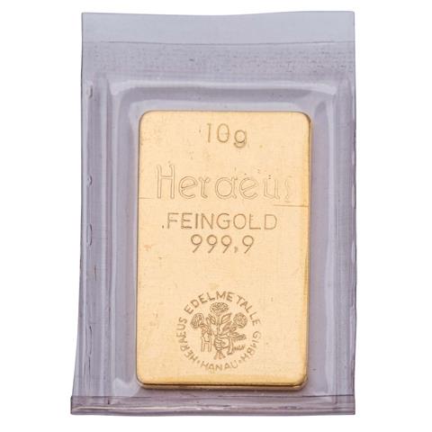 GOLDbarren – 10 g GOLD fein, Goldbarren geprägt, Hersteller Heraeus,