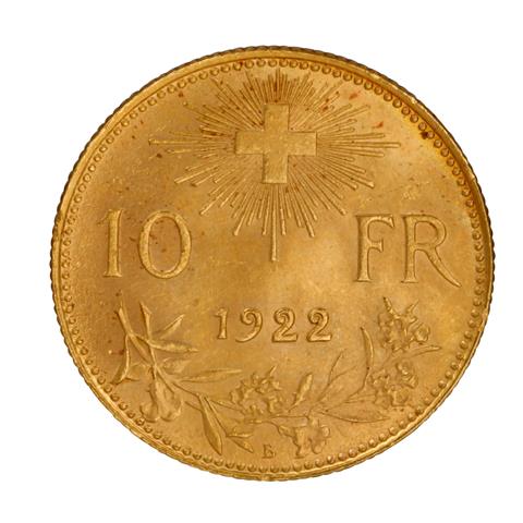 Schweiz/Gold - 10 Franken 1922/B, Vreneli,