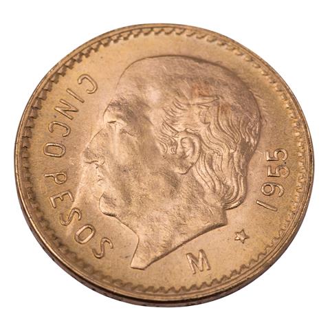 Mexiko /GOLD Centenarios - 5 Pesos Hidalgo 1955