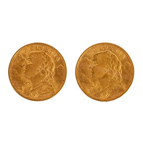 Schweiz - 2 x 20 Franken 1922/B, Gold