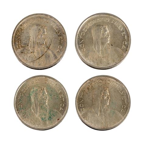 Schweiz - 4 x 5 Schweizer Franken, 1954, 1966 (3), Silber,