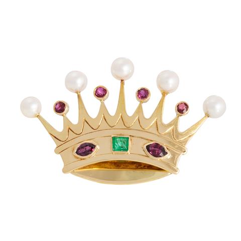UNIKAT Brosche "Krone" mit Smaragd, Rubinen und Zuchtperlen,