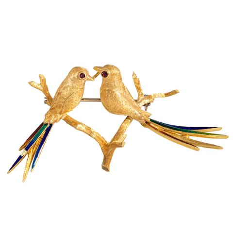 Brosche "Vogelpaar: Whydah Birds auf Ästchen sitzend"