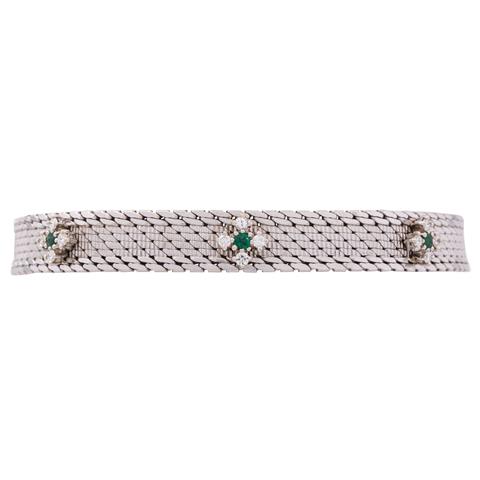 Armband aus Milanaisegeflecht mit 3 kleinen Diamant-Smaragd-Blüten,