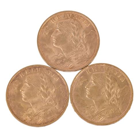 Schweiz/GOLD - Vreneli. 3 x 20 Franken 1927 B