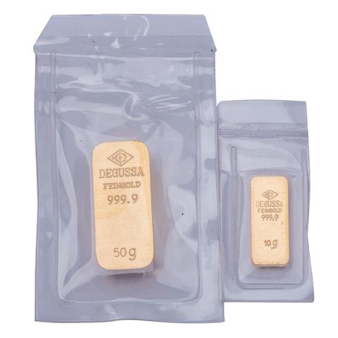 Set GOLDBarren - Feingold 1x 10 g / 1x  50 g Goldbarren historische Form, Hersteller Degussa,
