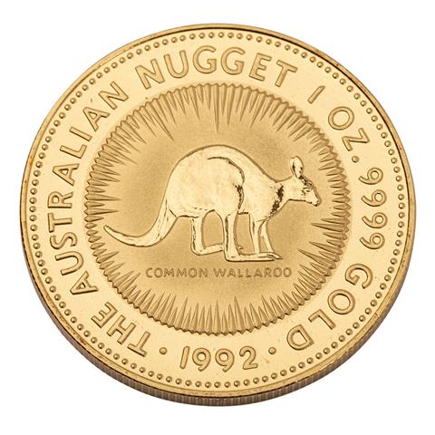 Australien/GOLD - 100 Dollars Australian Nugget 1992 zu 1 Unze Gold fein, stgl.,